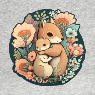 Mother and Baby Squirrel Embracing in Flowers Garden T-Shirt